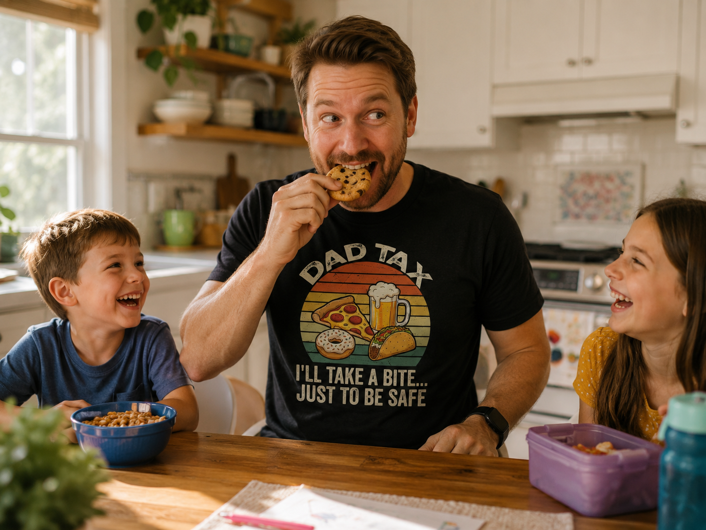 Dad wearing Official Dad Tax Collector T-Shirt sneaking kids snack at kitchen table lifestyle image