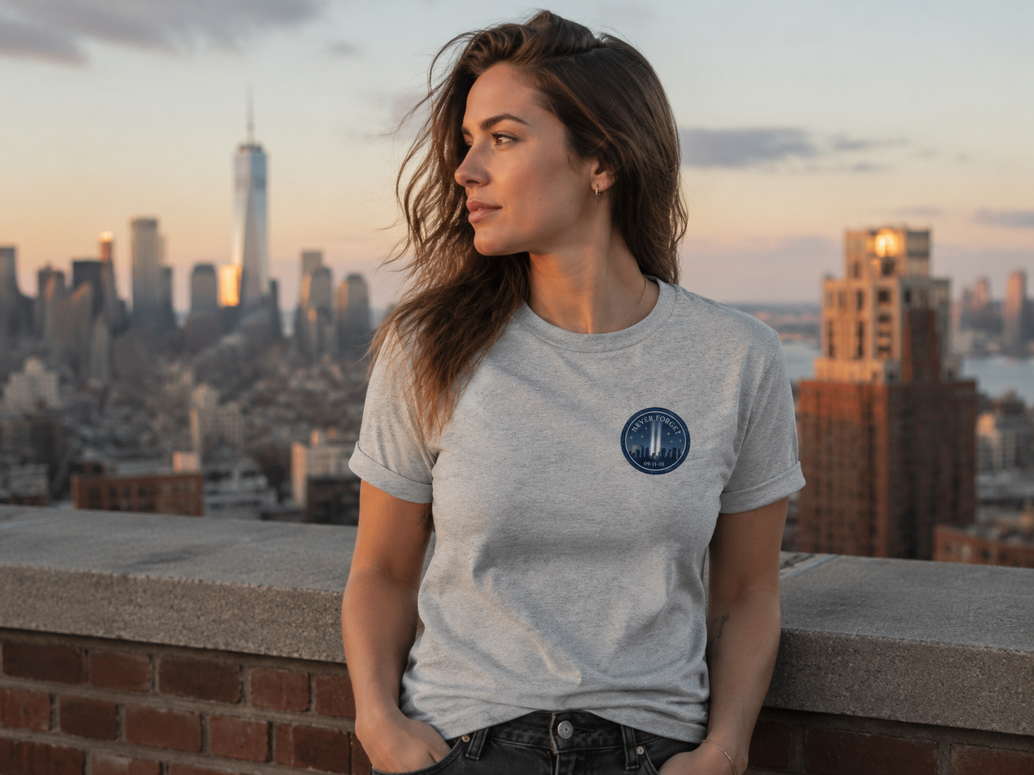 Lifestyle mockup - Never Forget 9/11 Skyline Tee B on rooftop sunrise