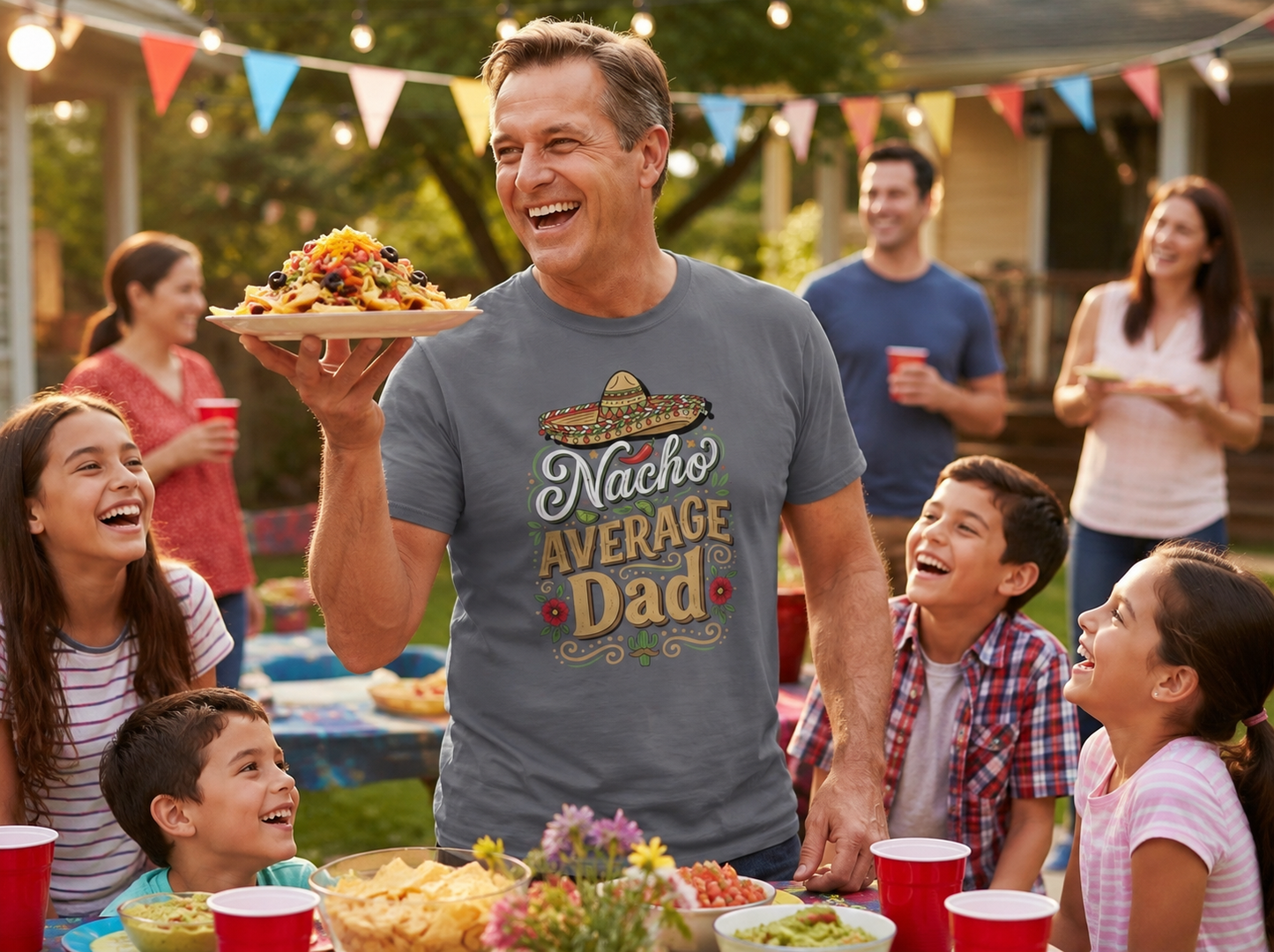 Dad wearing Nacho Average Dad Graphic T-Shirt holding nachos at backyard cookout lifestyle image