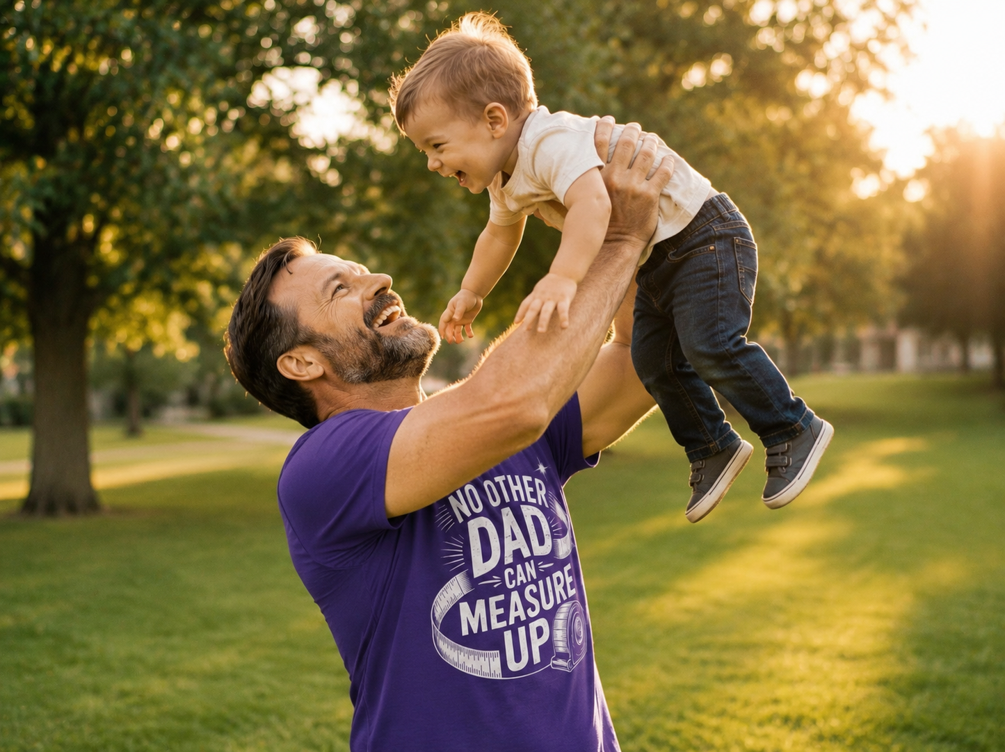 Dad wearing No Other Dad Can Measure Up T-Shirt lifting child up at park lifestyle image