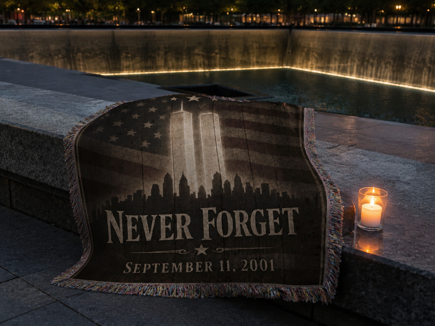 Never Forget 9/11 rustic wood memorial blanket at the 9/11 memorial reflecting pool