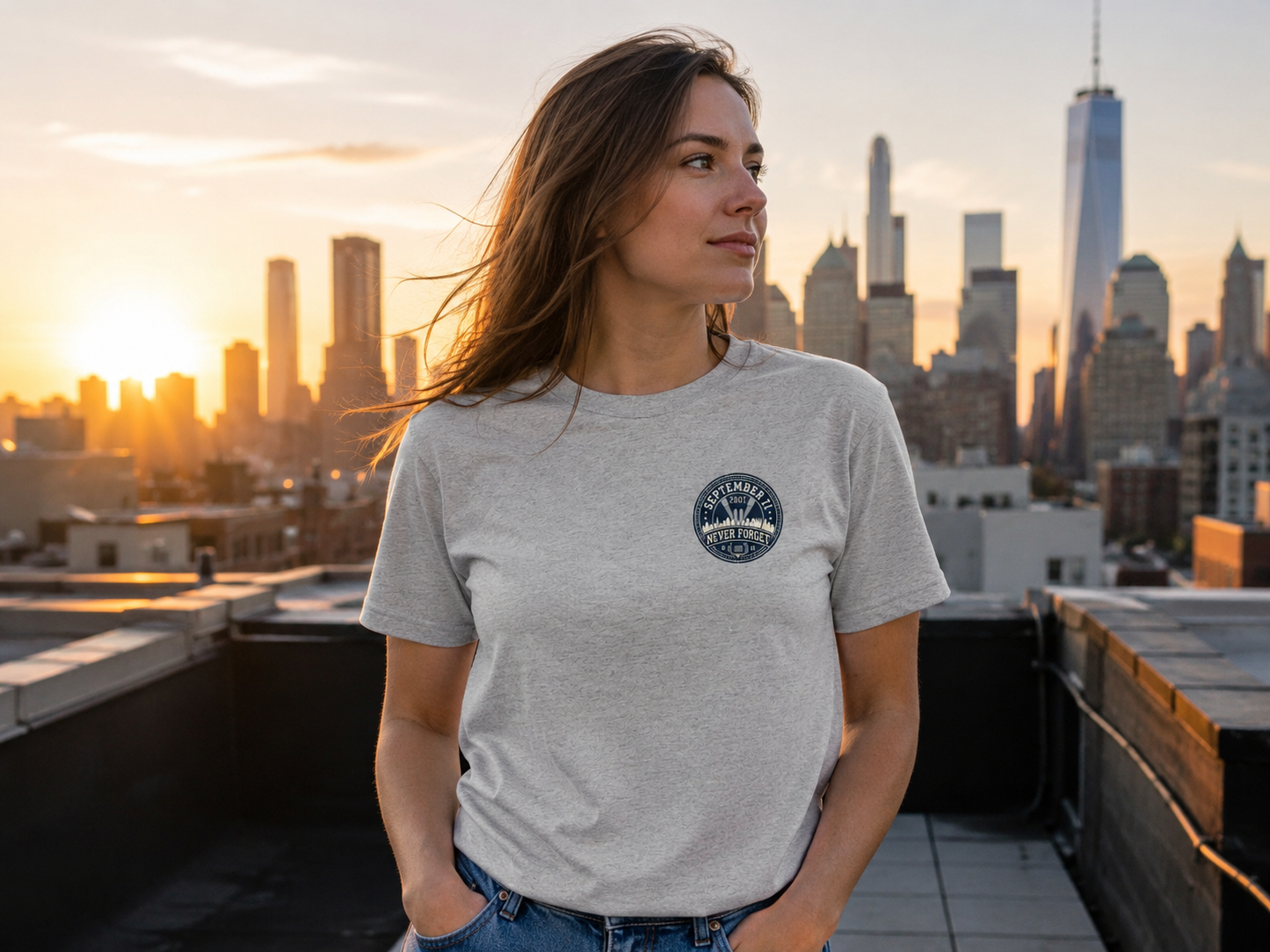 Lifestyle mockup - Never Forget 9/11 Skyline Tee A on rooftop sunrise