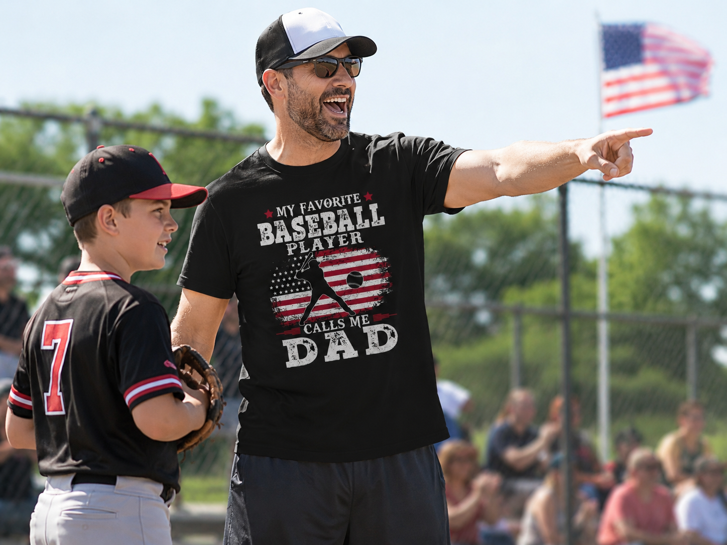 Dad wearing Baseball Dad Americana Pride T-Shirt coaching little league game at ballpark lifestyle image