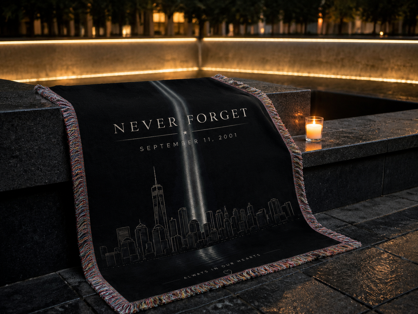 9/11 Never Forget memorial blanket at the 9/11 memorial reflecting pool