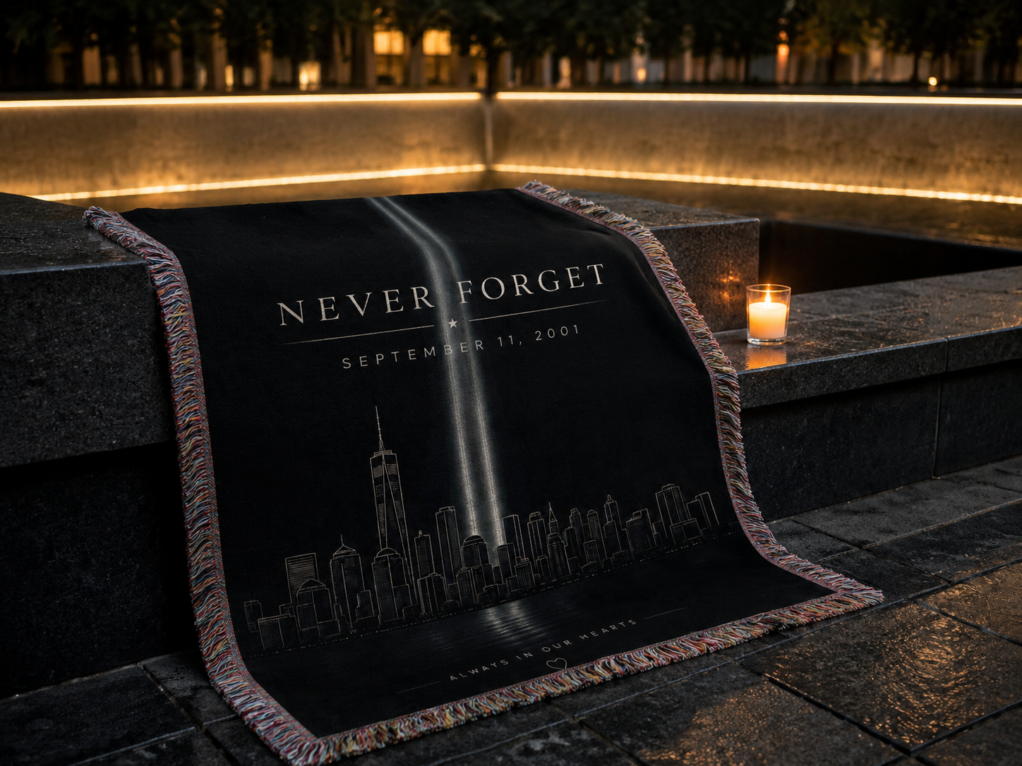 9/11 Never Forget memorial blanket at the 9/11 memorial reflecting pool