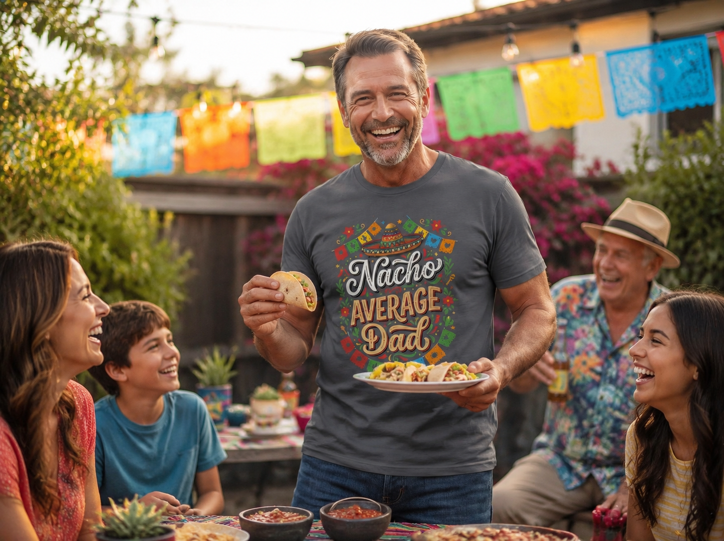 Dad wearing Nacho Average Dad Celebration T-Shirt at festive backyard party lifestyle image