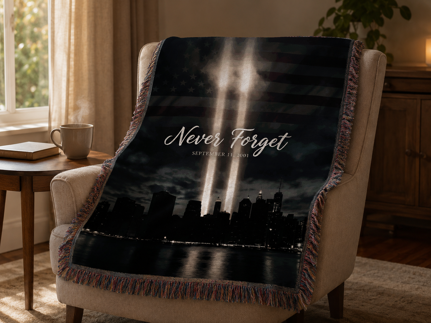 Never Forget 9/11 tribute in light memorial blanket draped over a cozy armchair