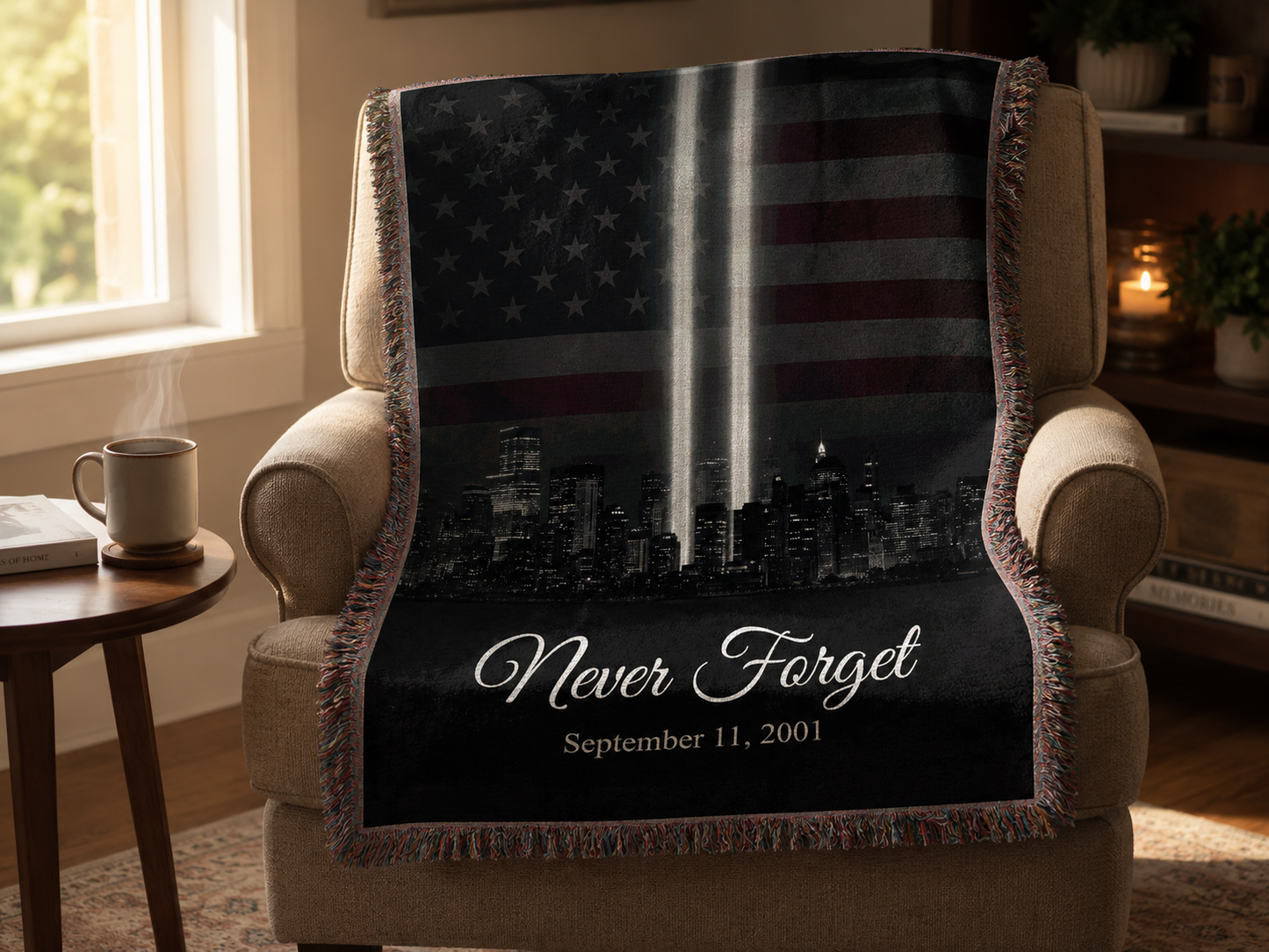 Never Forget 9/11 patriotic memorial blanket draped over a cozy armchair