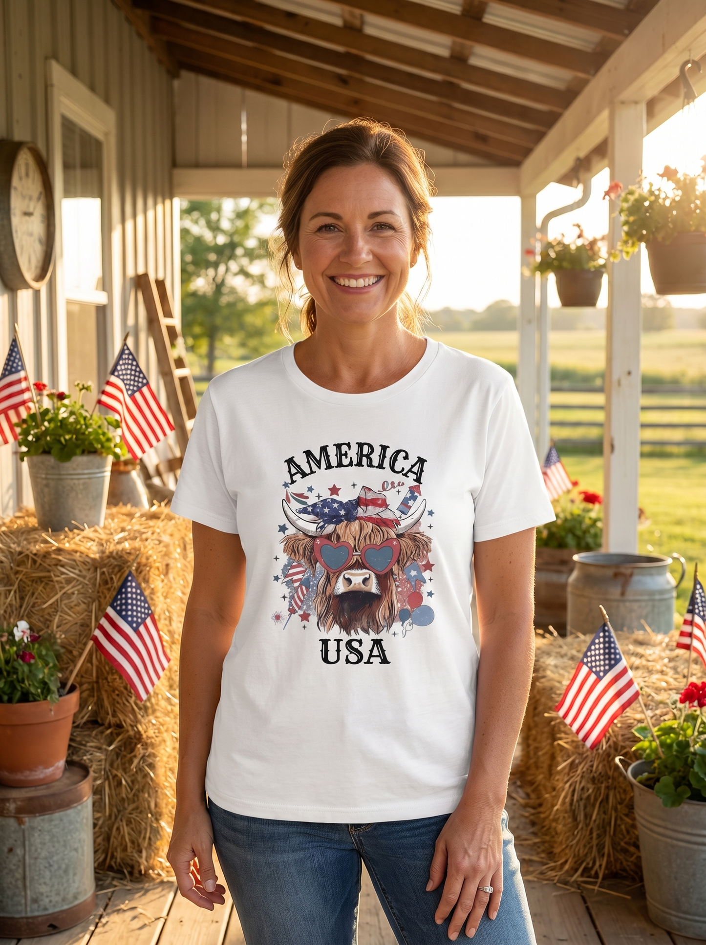 Lifestyle photo of woman wearing Patriotic Highland Cow Tee