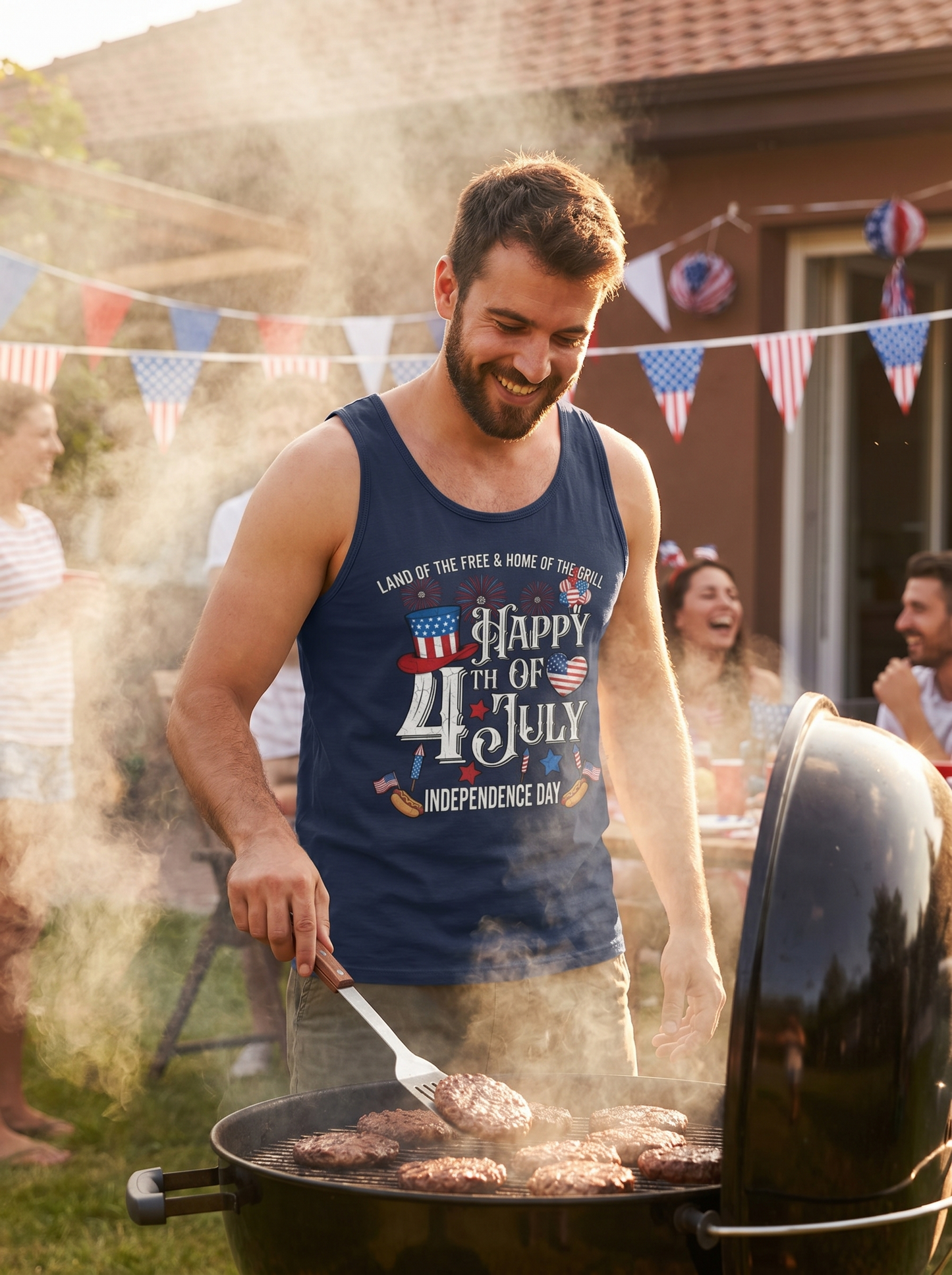 Lifestyle photo of man wearing Land of the Free & Home of the Grill Tank Top
