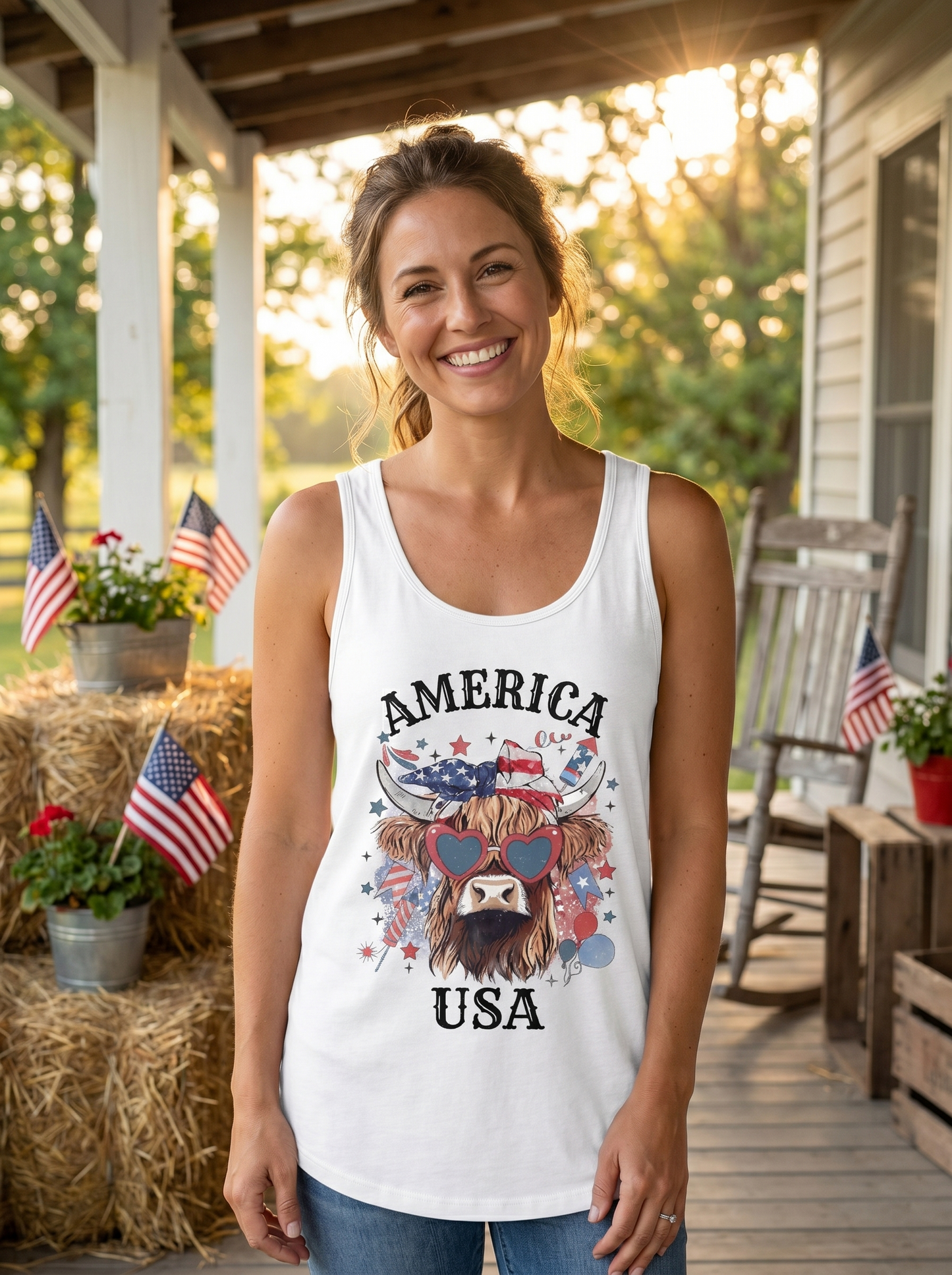 Lifestyle photo of woman wearing Festive Highland Cow USA Tank Top