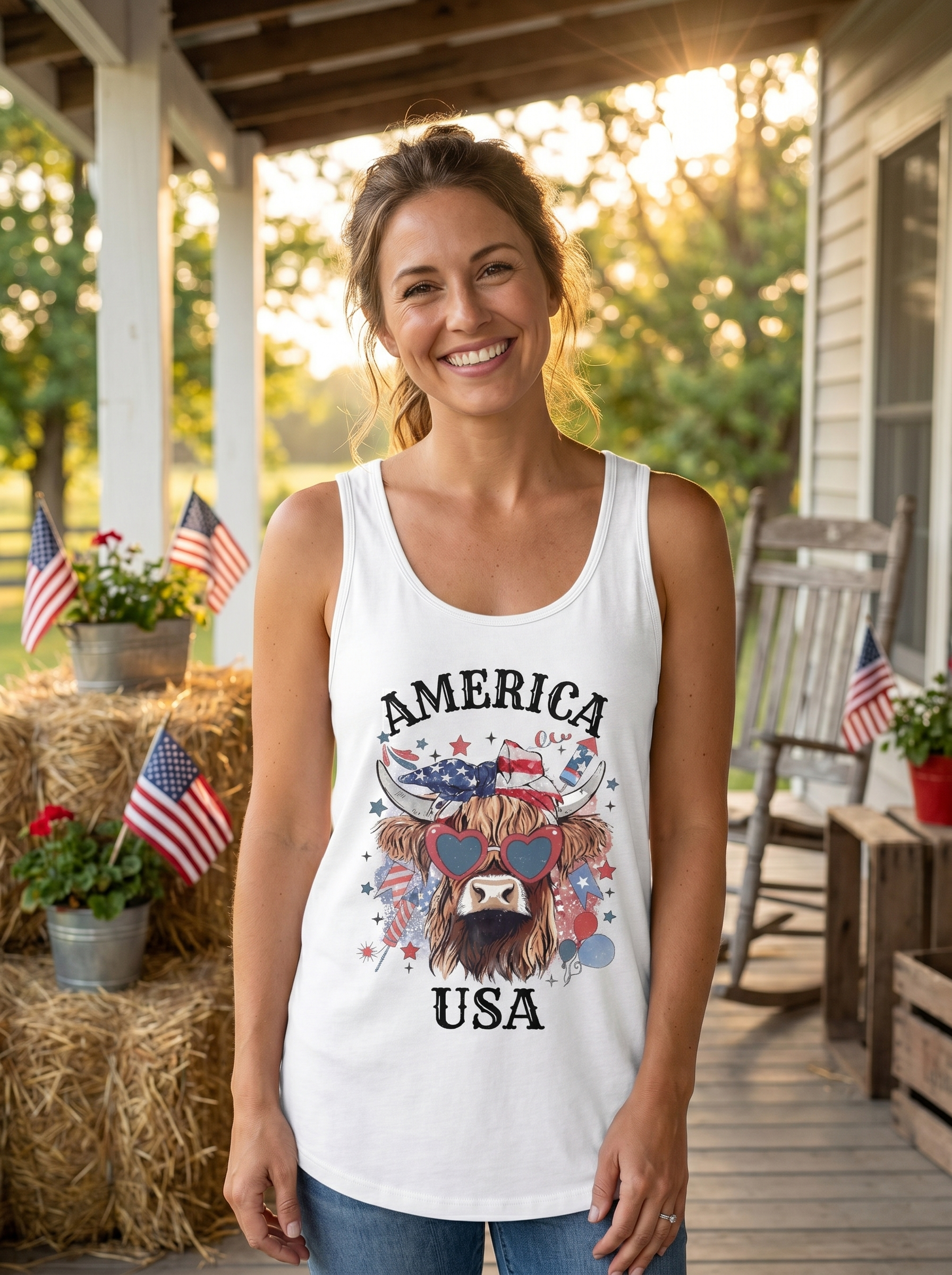 Lifestyle photo of woman wearing Festive Highland Cow USA Tank Top