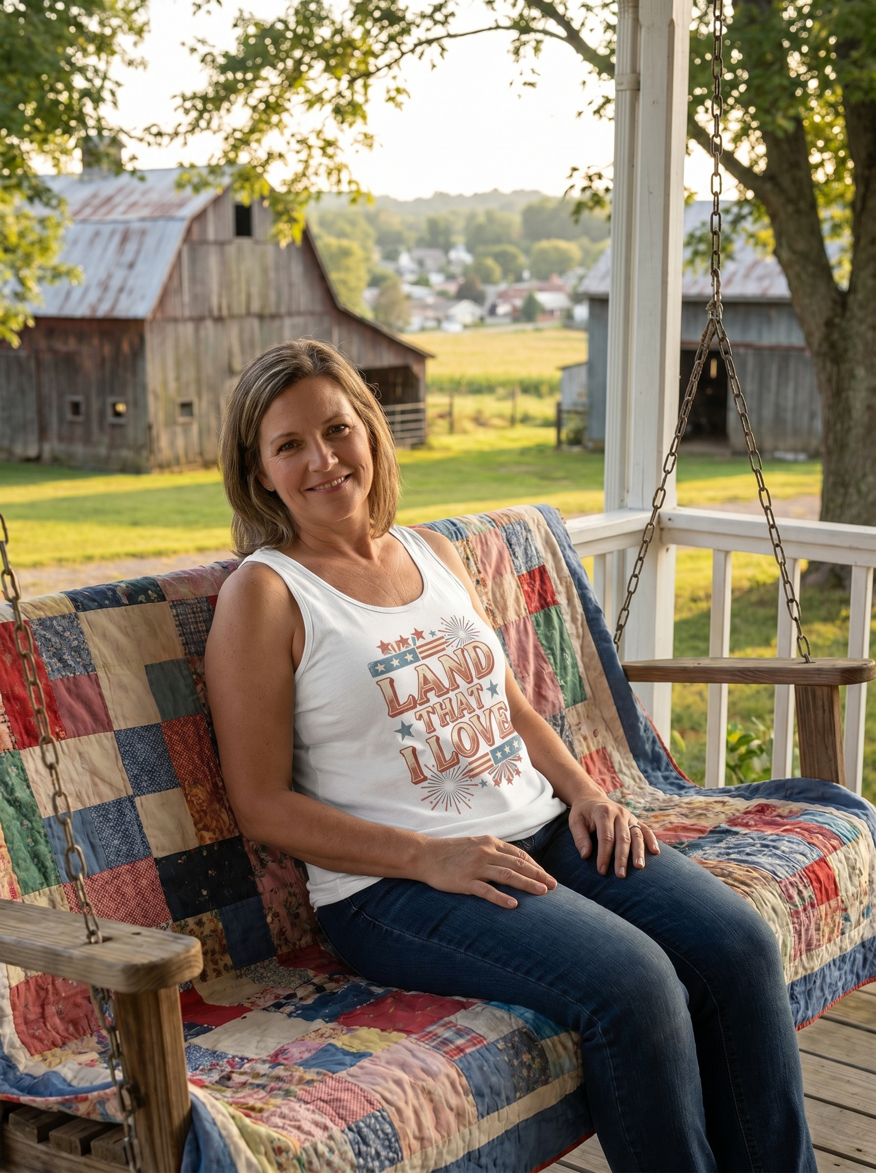 Lifestyle photo of woman wearing Land That I Love - Vintage Patriotic Tank Top