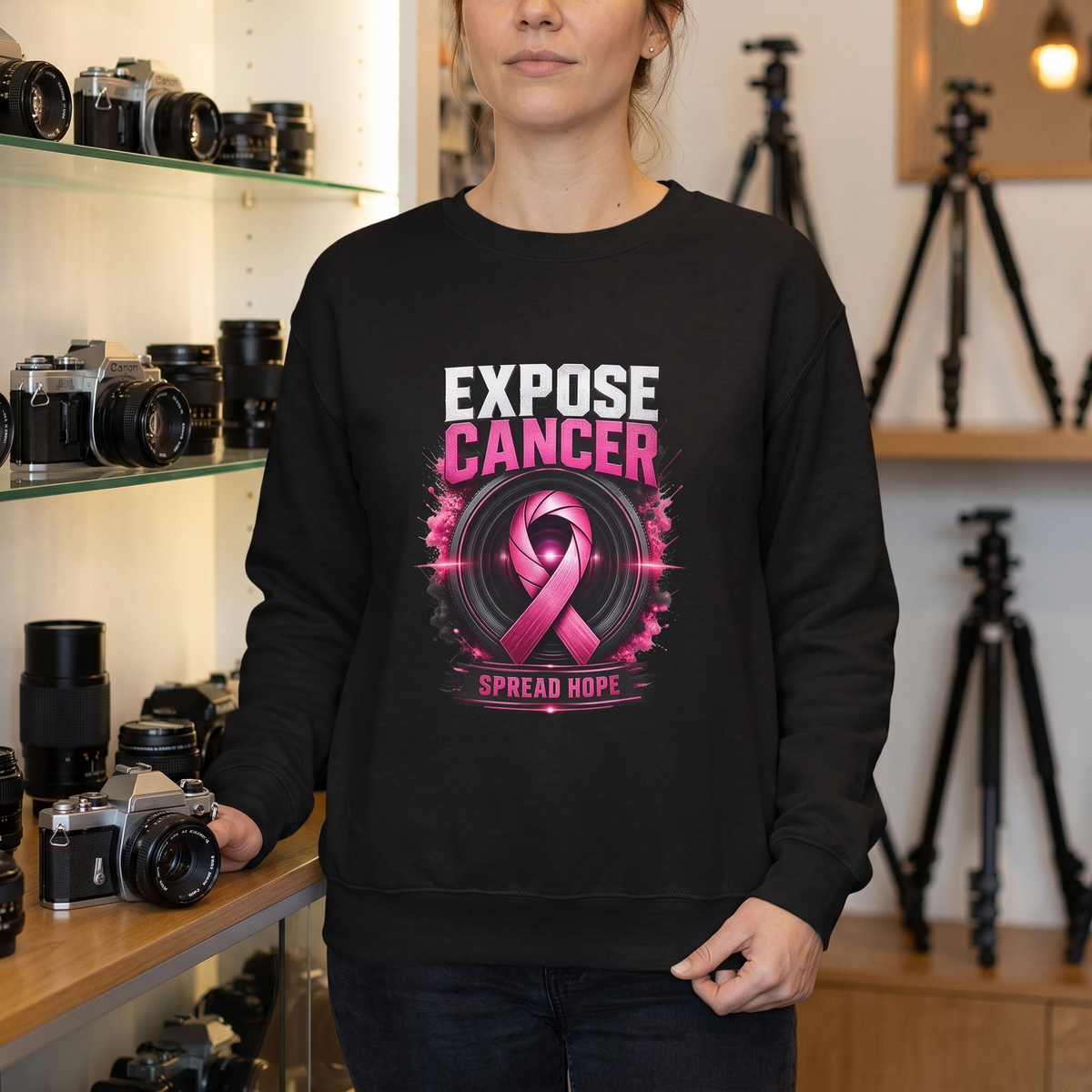 Woman wearing the Expose Cancer Spread Hope breast cancer awareness crewneck sweatshirt in a camera shop