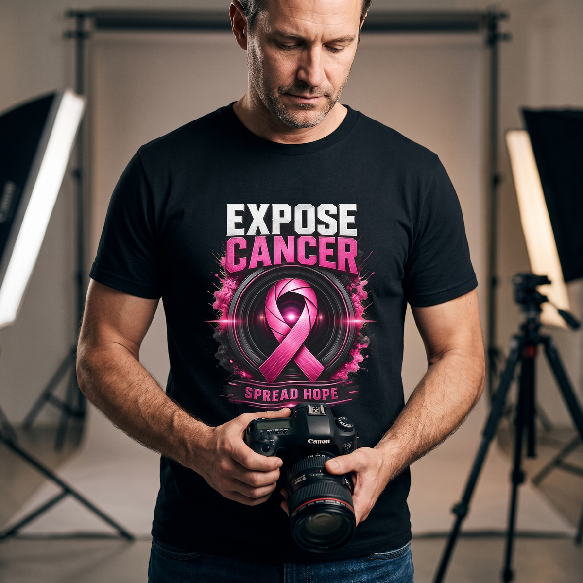 Photographer wearing the Expose Cancer Spread Hope breast cancer awareness t-shirt in a studio