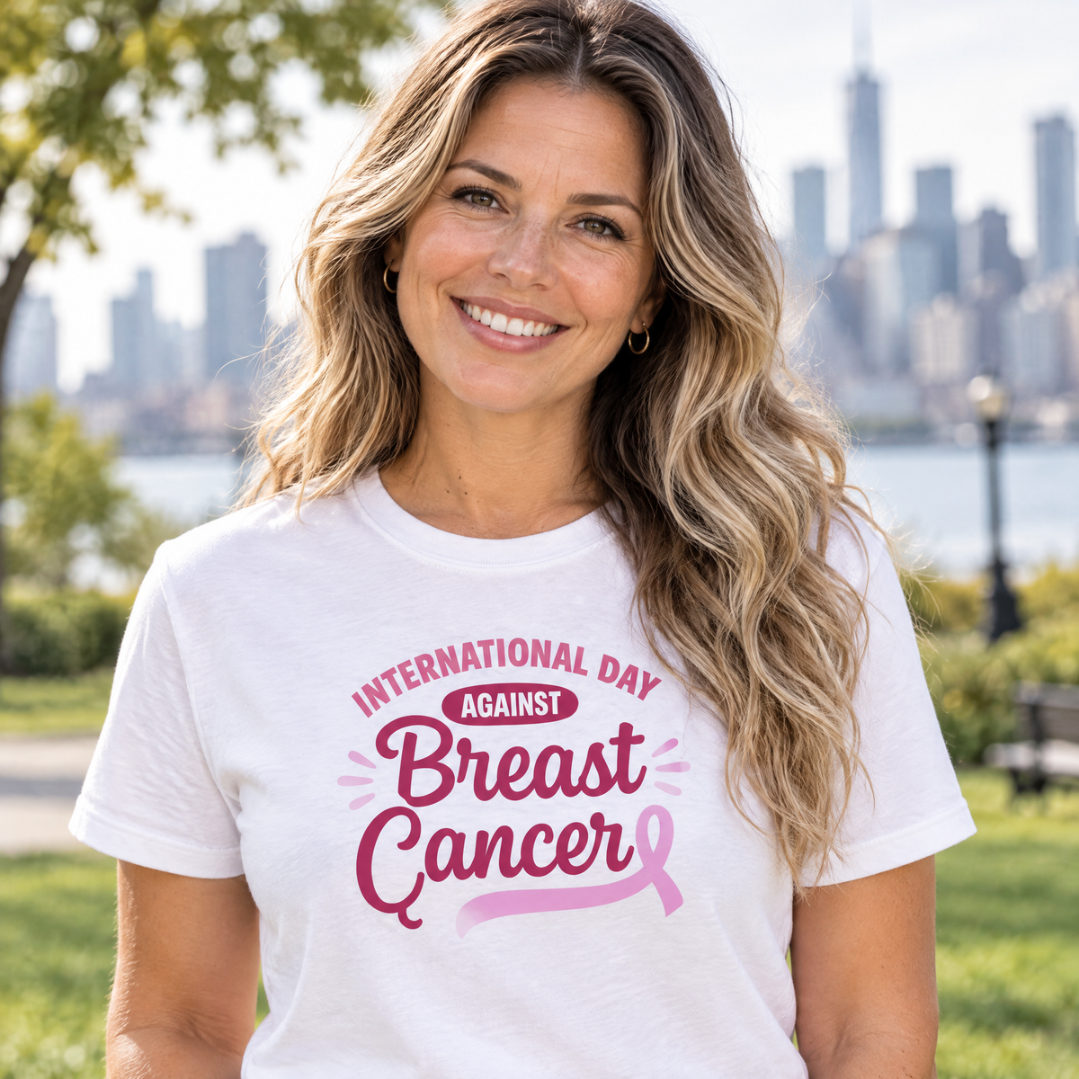 Woman wearing the International Day Against Breast Cancer breast cancer awareness t-shirt