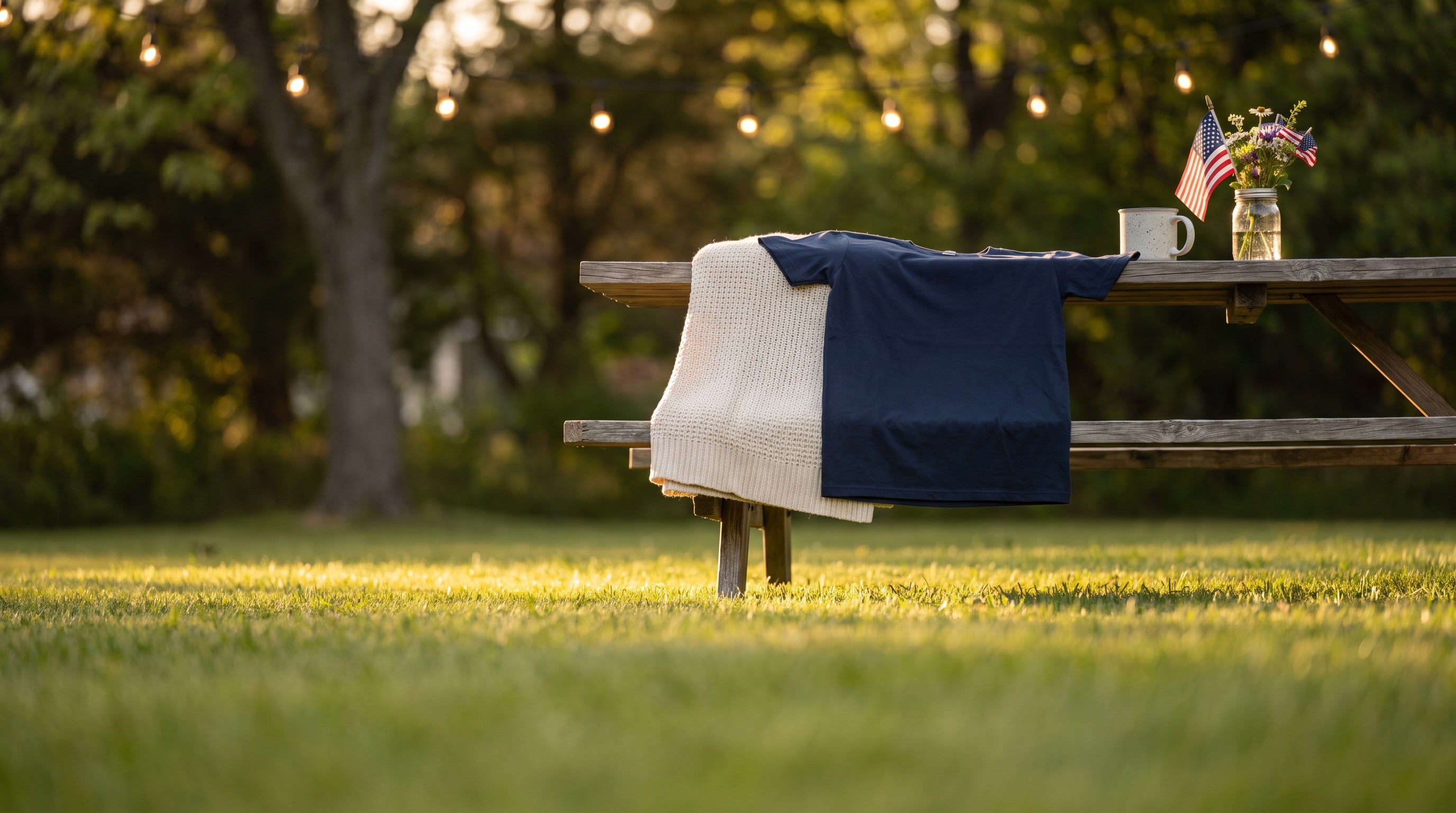 Labor Day weekend backyard picnic table with a folded navy t-shirt, cream knit blanket, ceramic mug and small American flag in golden afternoon light