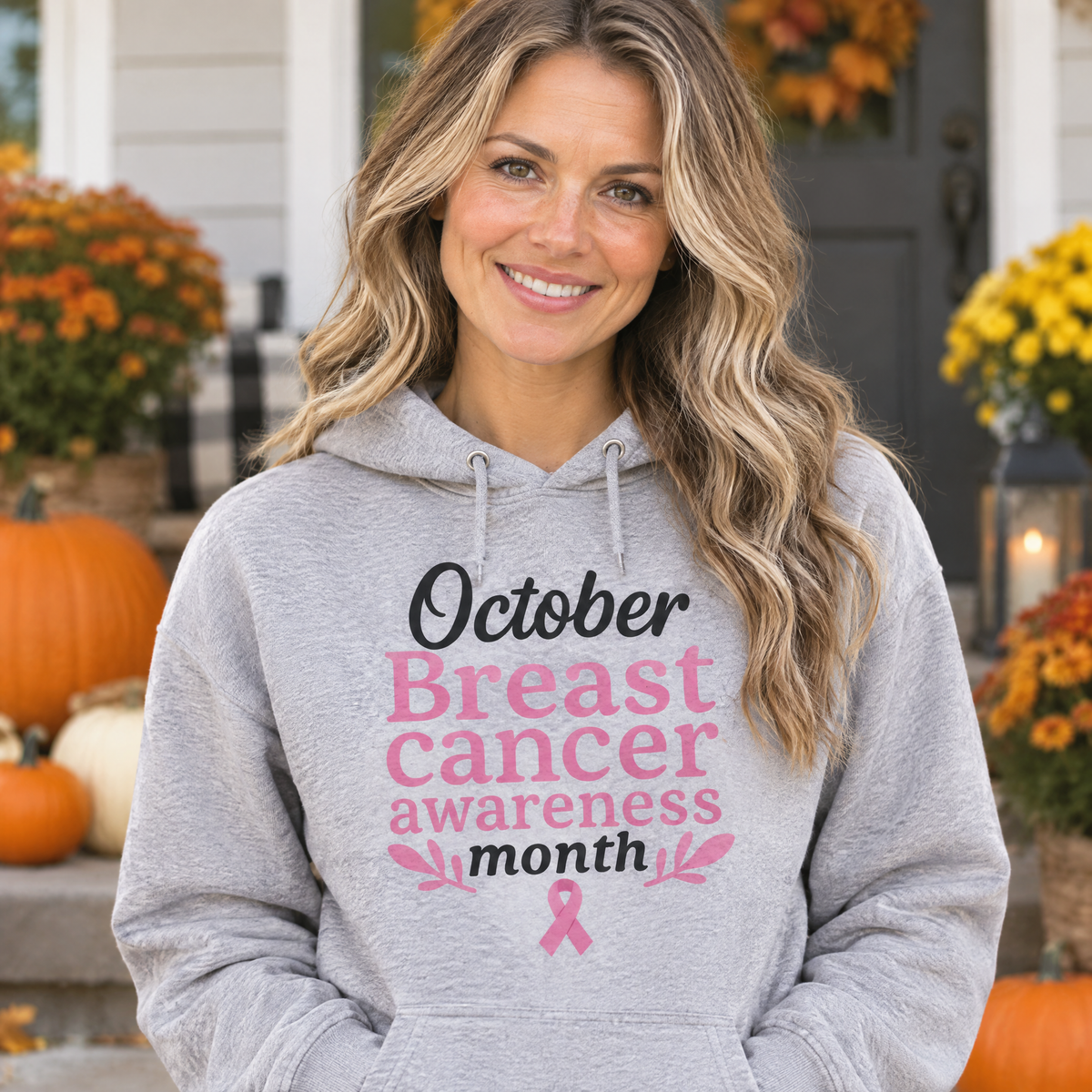 Woman wearing the October Breast Cancer Awareness Month breast cancer awareness hoodie