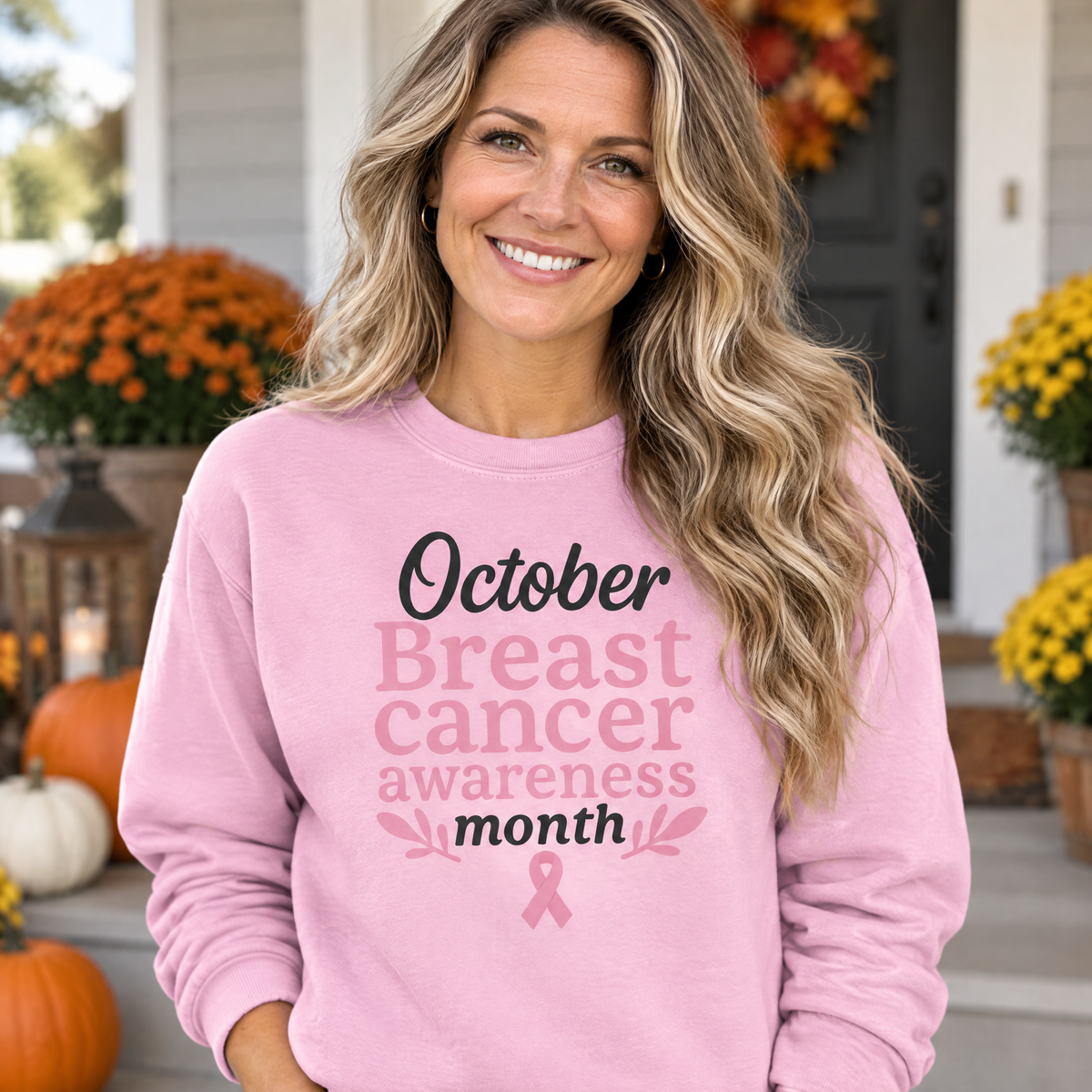 Woman wearing the October Breast Cancer Awareness Month breast cancer awareness sweatshirt