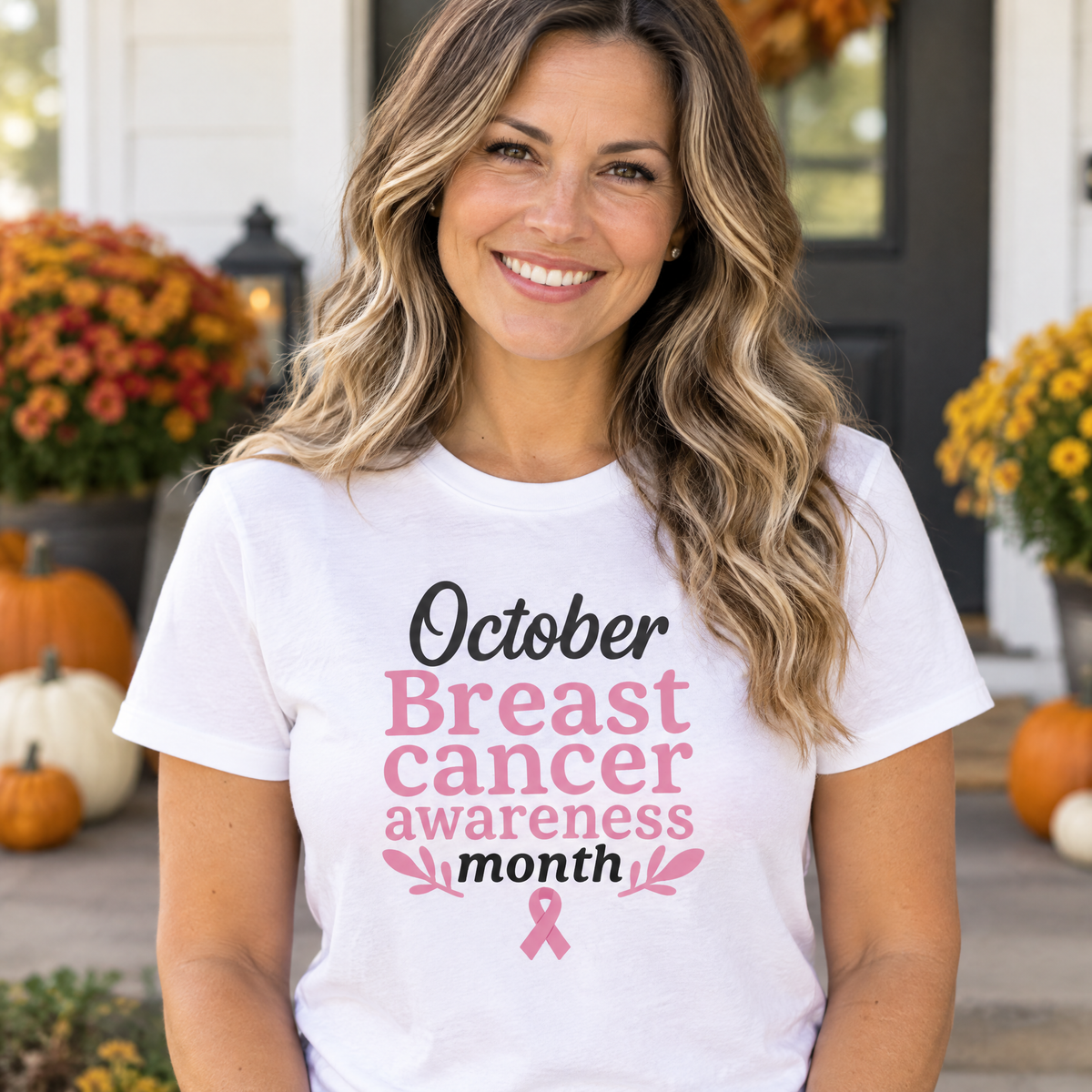 Woman wearing the October Breast Cancer Awareness Month breast cancer awareness t-shirt