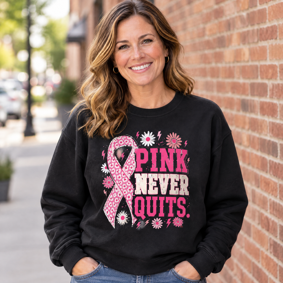Woman wearing the Pink Never Quits breast cancer awareness sweatshirt
