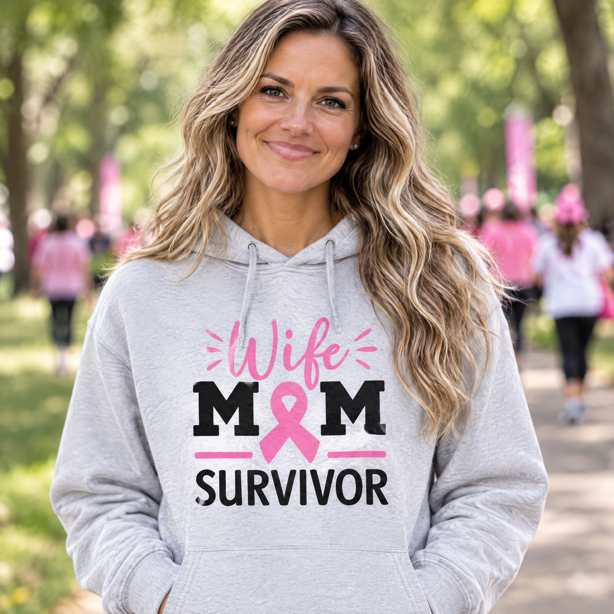 Woman wearing the Wife Mom Survivor breast cancer awareness hoodie