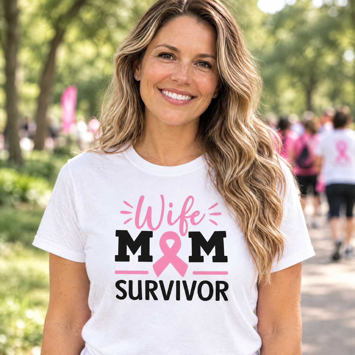 Woman wearing the Wife Mom Survivor breast cancer awareness t-shirt
