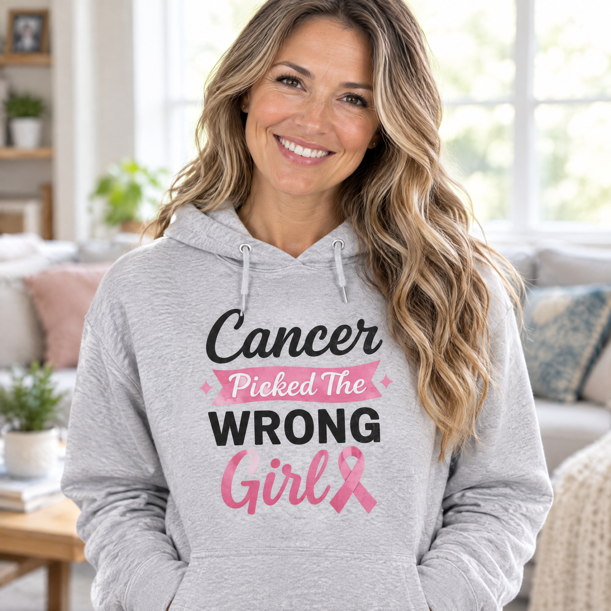 Woman wearing the Cancer Picked The Wrong Girl breast cancer awareness hoodie