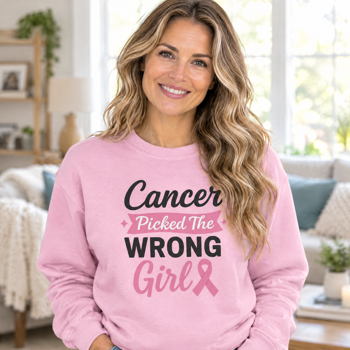 Woman wearing the Cancer Picked The Wrong Girl breast cancer awareness sweatshirt