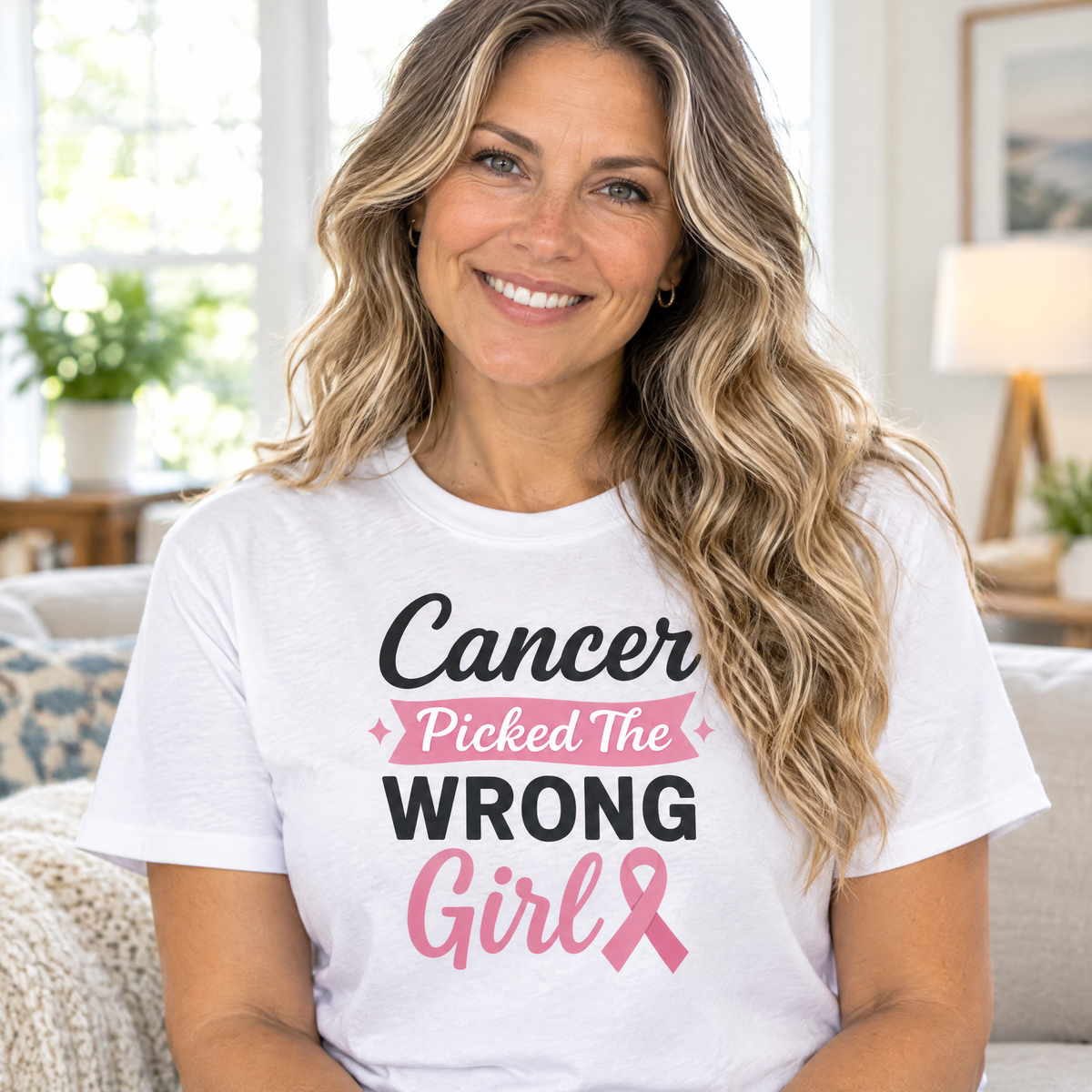 Woman wearing the Cancer Picked The Wrong Girl breast cancer awareness t-shirt