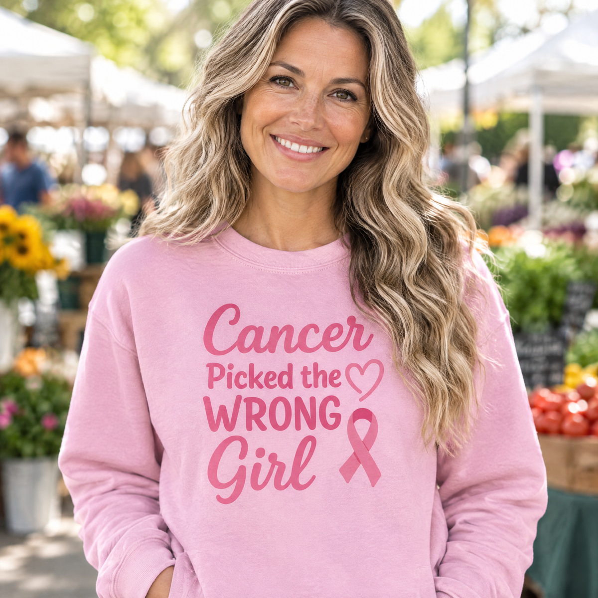 Woman wearing the Cancer Picked the Wrong Girl breast cancer awareness sweatshirt