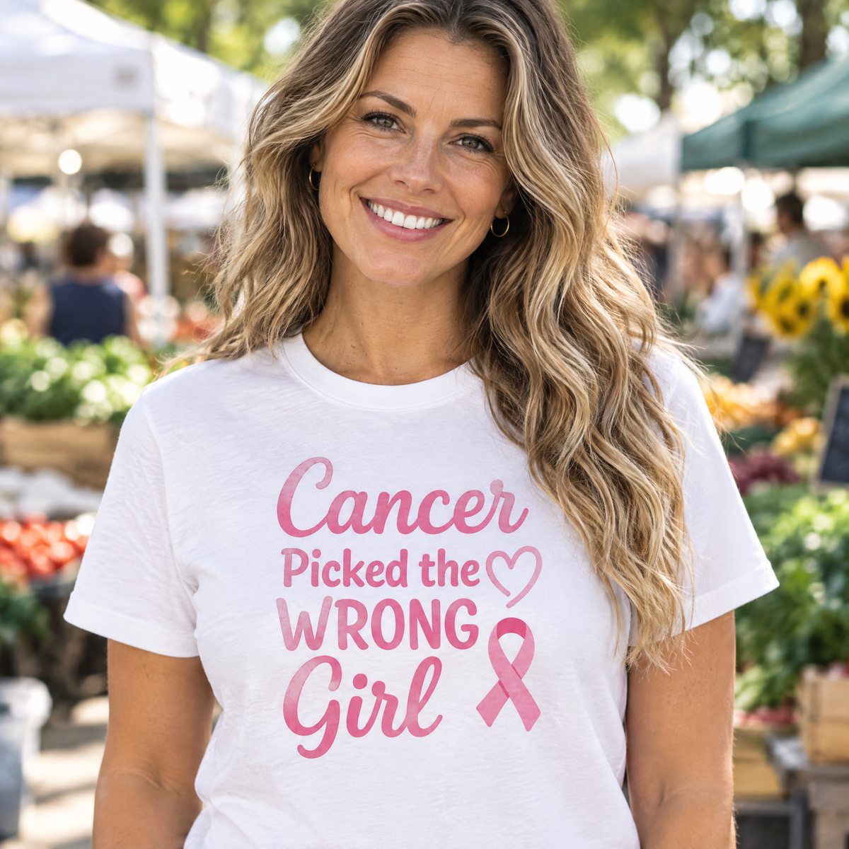 Woman wearing the Cancer Picked the Wrong Girl breast cancer awareness t-shirt